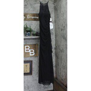 Blondie Nites Juniors Crochet Knit Ruched Gown Dress 56318 Black 3